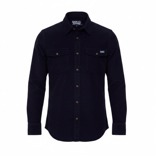 A navy button down corduroy flannel shirt against a white background. The Sam Adams logo is written in white on a pocket and on the tag. 