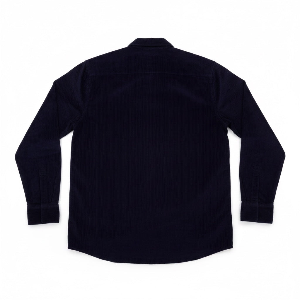 Back view of a navy corduroy flannel shirt against a white background. 