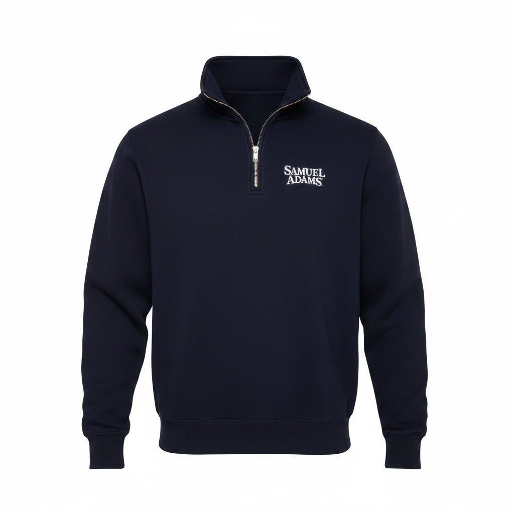 A navy quarter zip sweatshirt with the Sam Adams logo in white on the right side. The collar is partially unzipped. The sweatshirt is against a white background. 