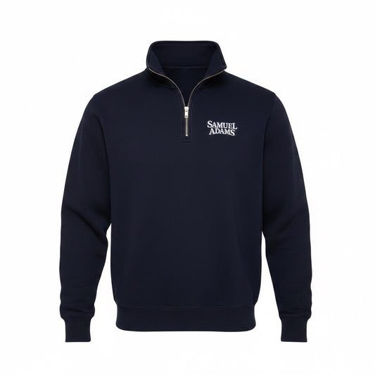 A navy quarter zip sweatshirt with the Sam Adams logo in white on the right side. The collar is partially unzipped. The sweatshirt is against a white background. 