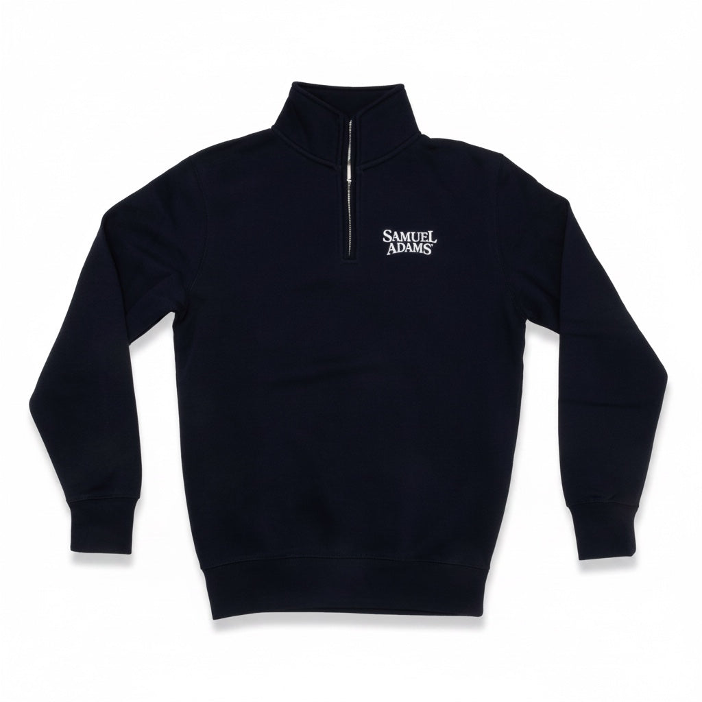 A navy quarter zip sweatshirt with the Sam Adams logo in white on the right side. The sweatshirt is against a white background. 