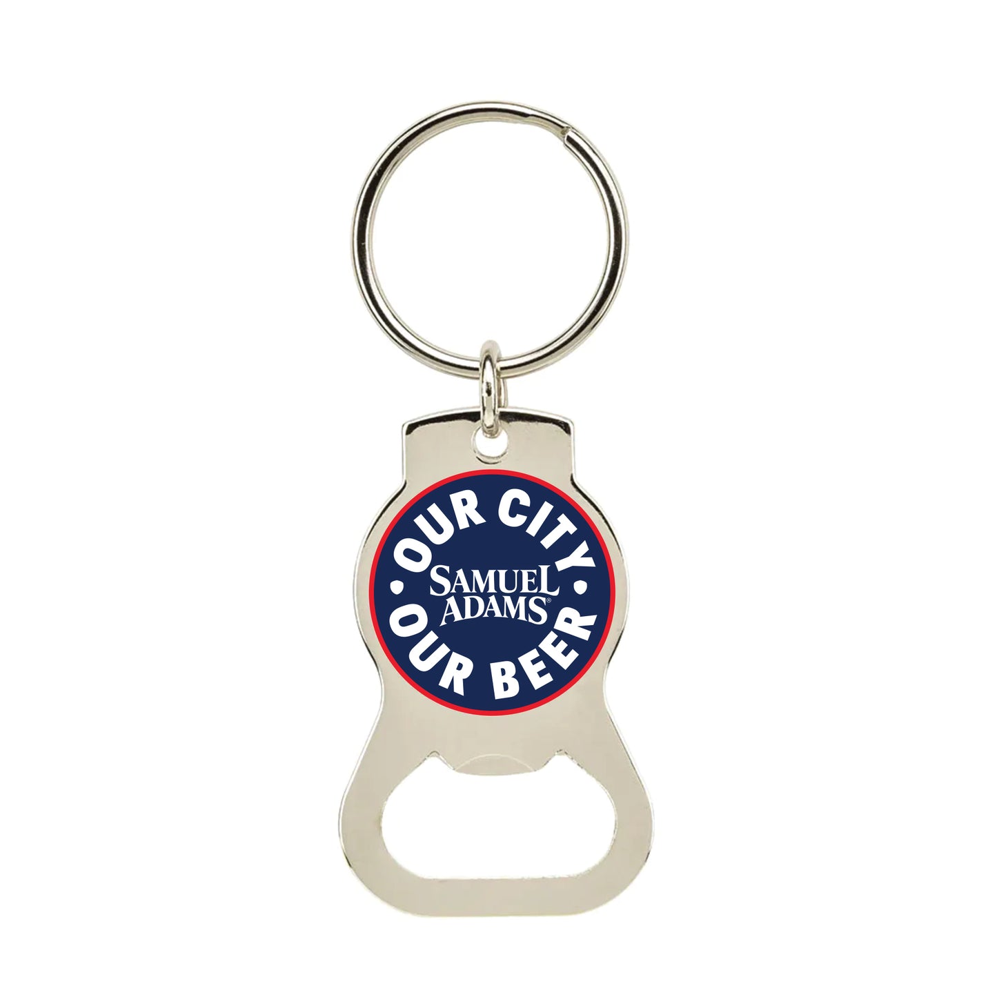 Keychain with bottle opener featuring 'Our City, Our Beer' text on a white background
