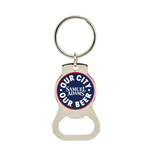 Keychain with bottle opener featuring 'Our City, Our Beer' text on a white background