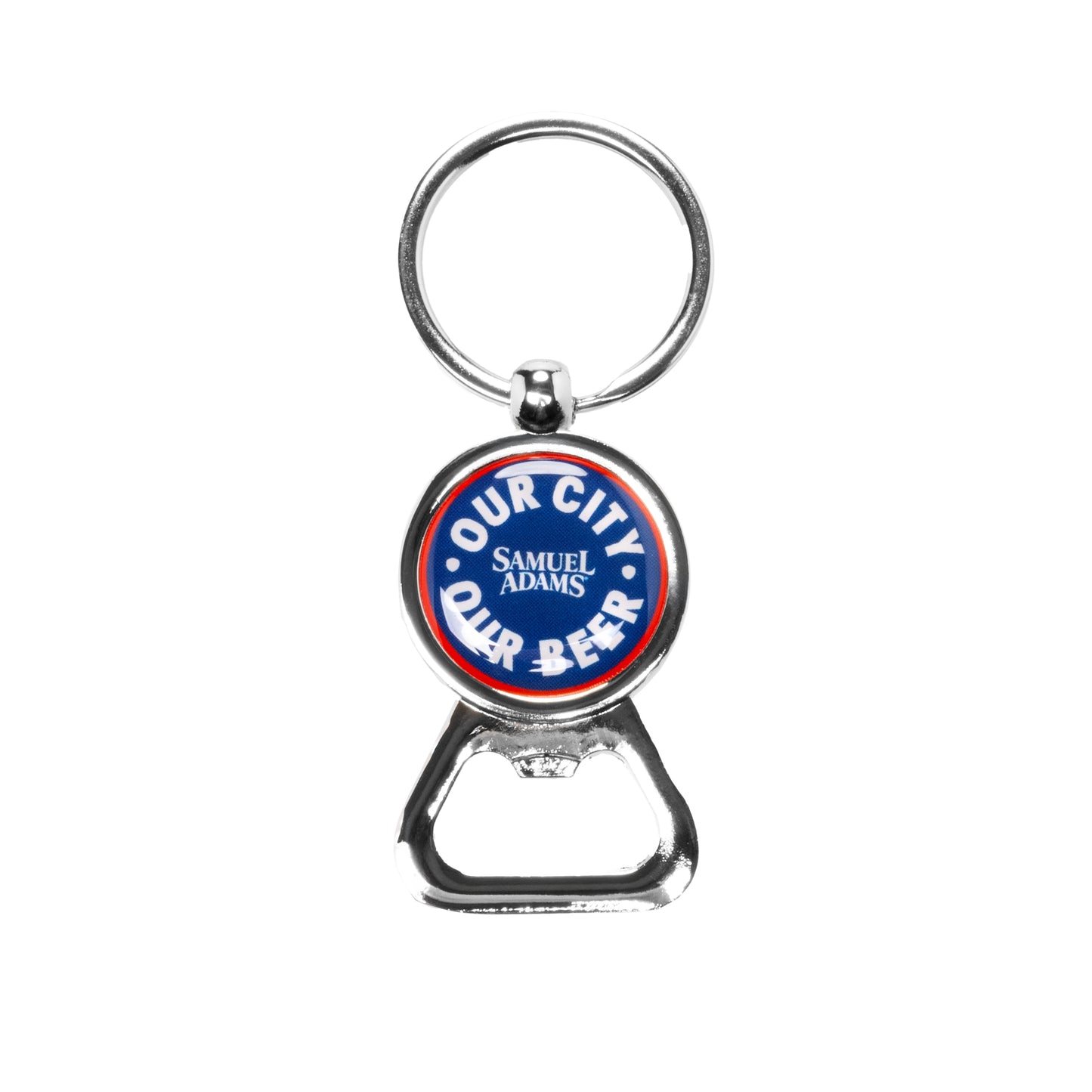 Keychain with bottle opener featuring 'Our City, Our Beer' text on a white background