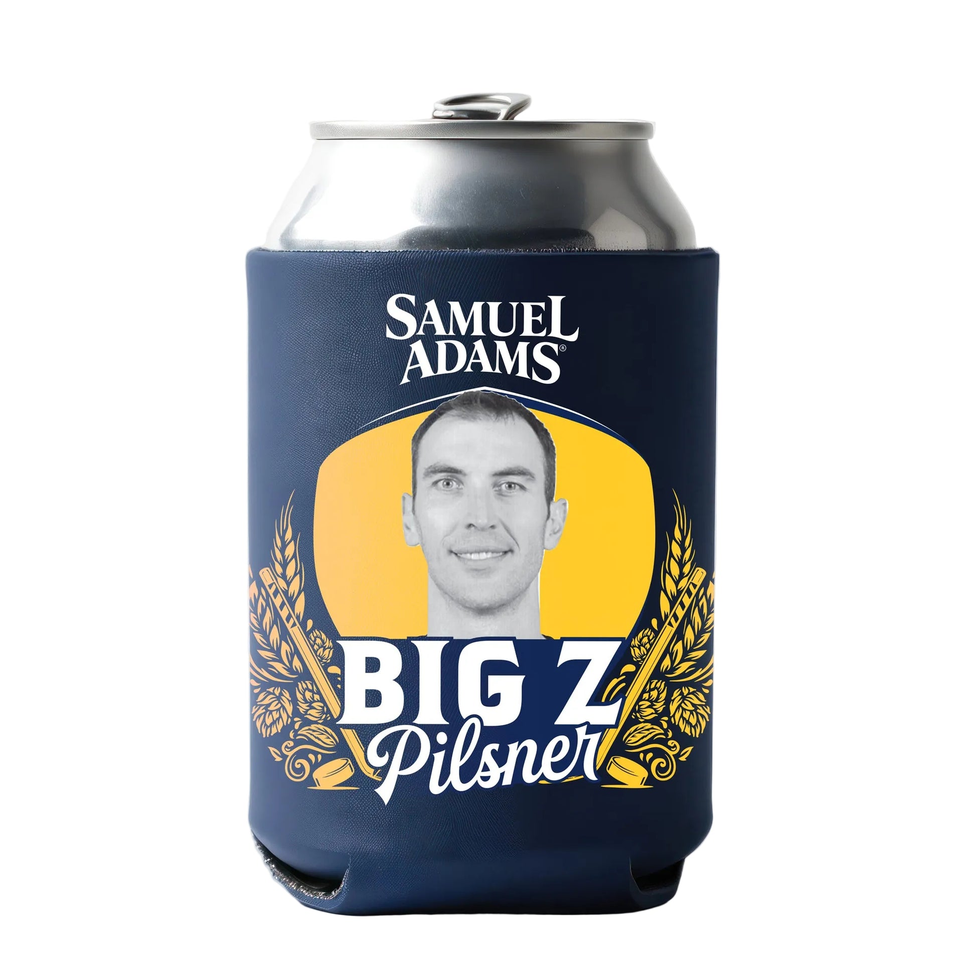 A dark blue Samuel Adams can cooler featuring a yellow oval with a black‑and‑white portrait of Zdeno Chára, surrounded by illustrated hops and barley, and the text “BIG Z Pilsner” beneath.