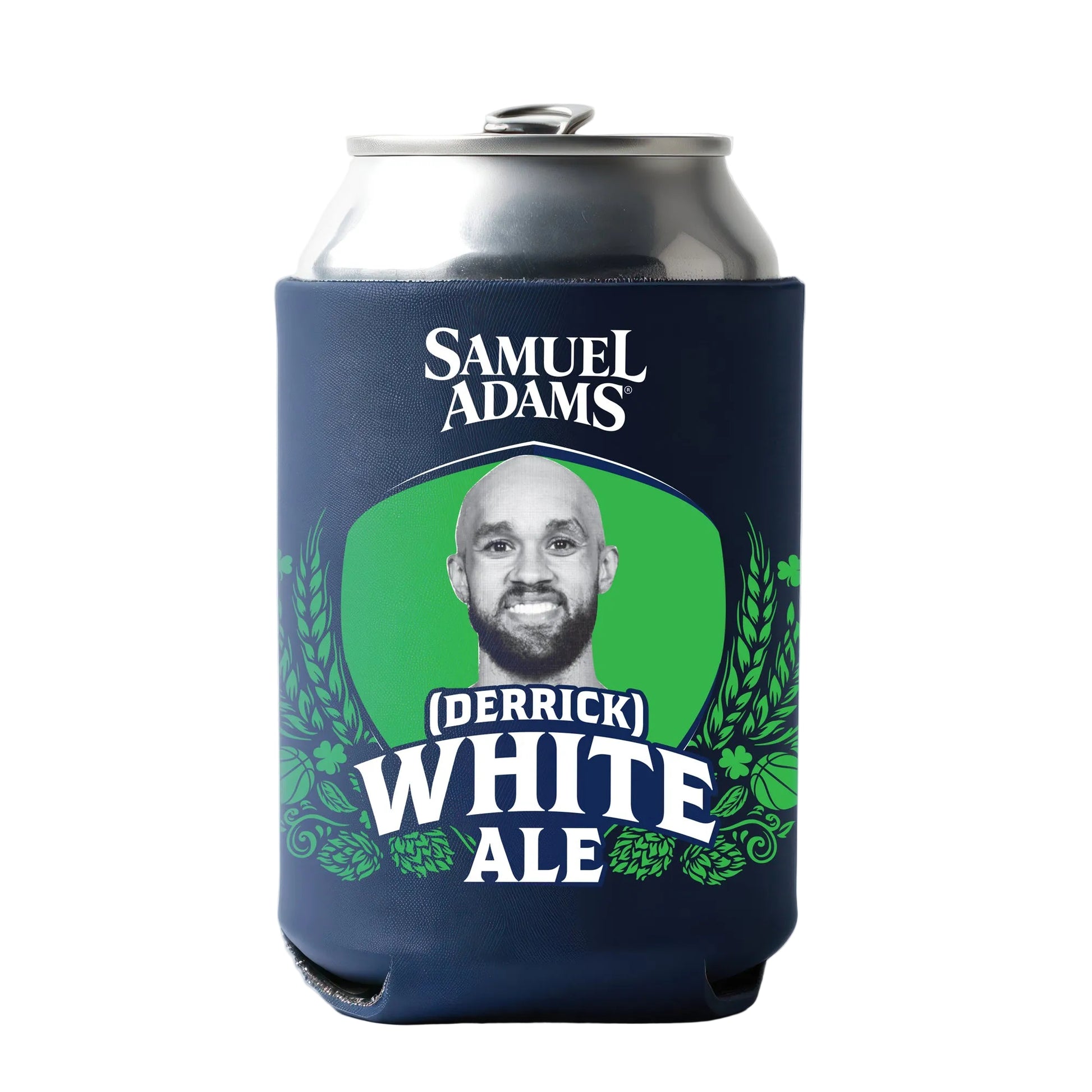 A silver beverage can wrapped in a navy blue can cooler featuring a bright green oval backdrop at the center. Inside the green oval is a black‑and‑white headshot of Derrick White. Surrounding the oval are detailed green illustrations of barley, hops, and leaves. The Samuel Adams logo appears at the top in bold white lettering, and large white text at the bottom reads “(Derrick) White Ale,” accented by stylized hop graphics. 