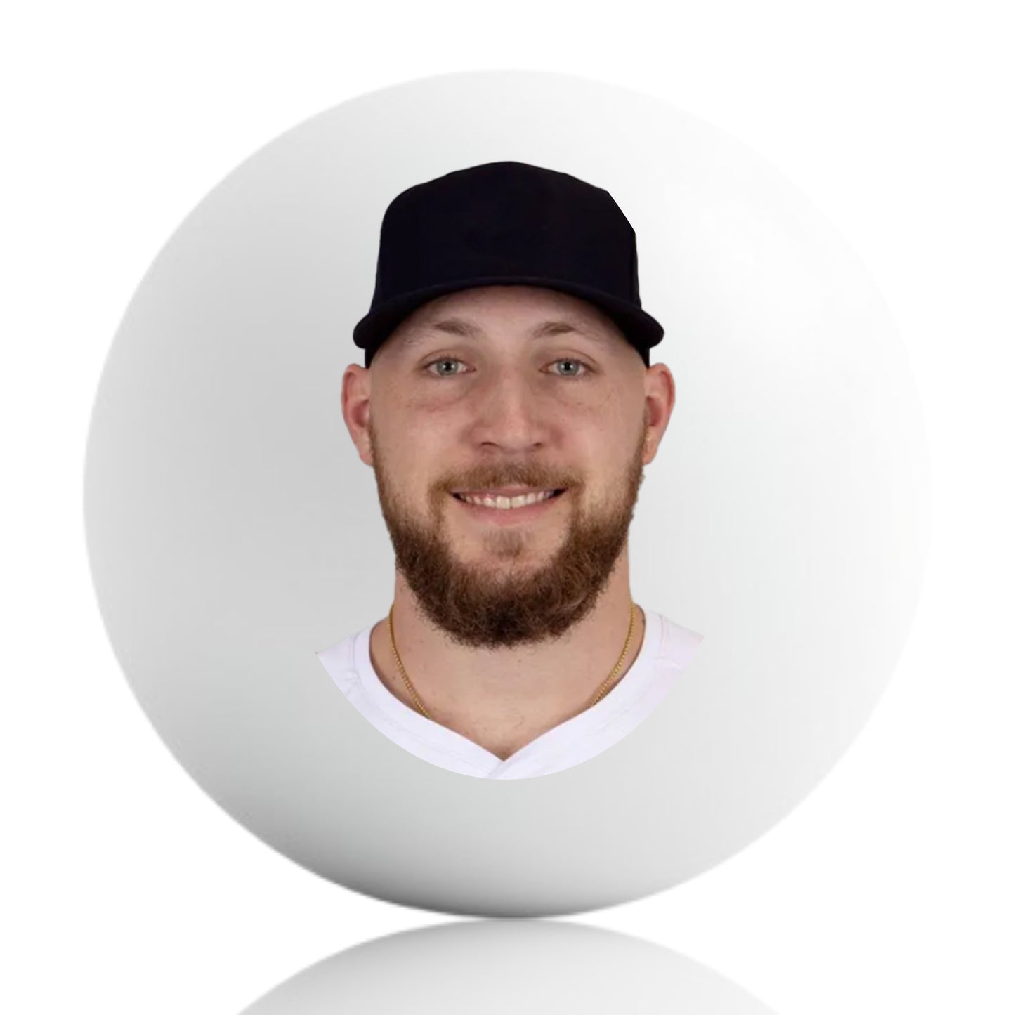A white ping pong ball with a centered Garrett Crochet headshot.