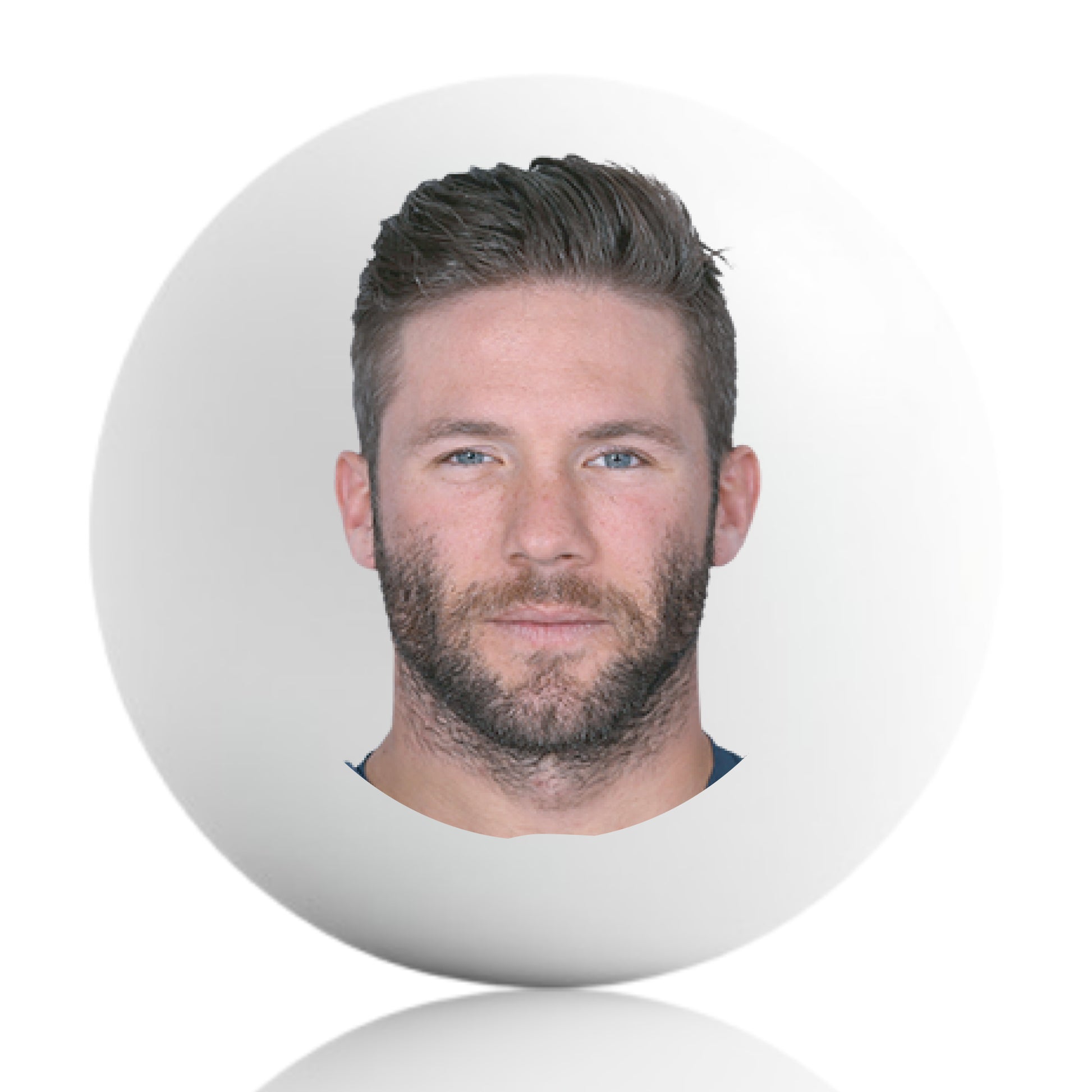 A white ping pong ball featuring a centered Julian Edelman headshot.