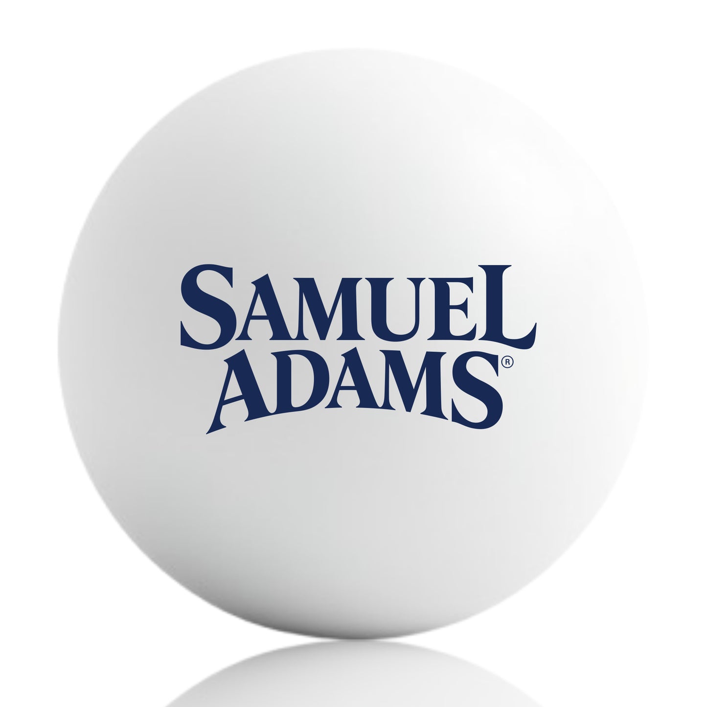 A single white ping pong ball featuring a large centered navy Samuel Adams logo.