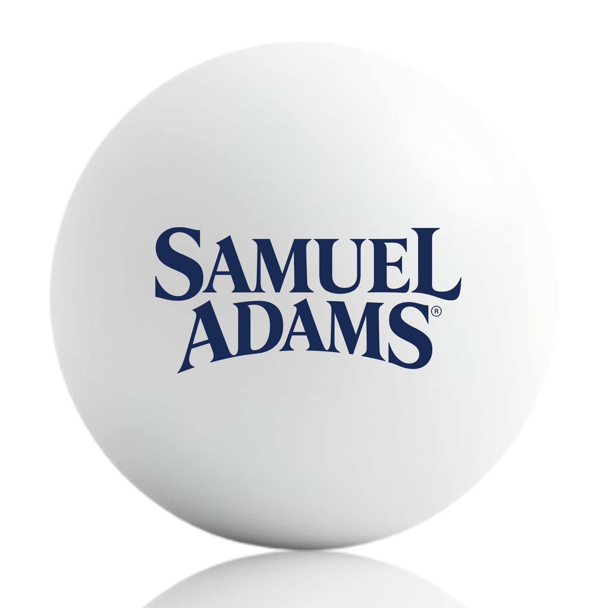 A single white ping pong ball featuring a large centered navy Samuel Adams logo.