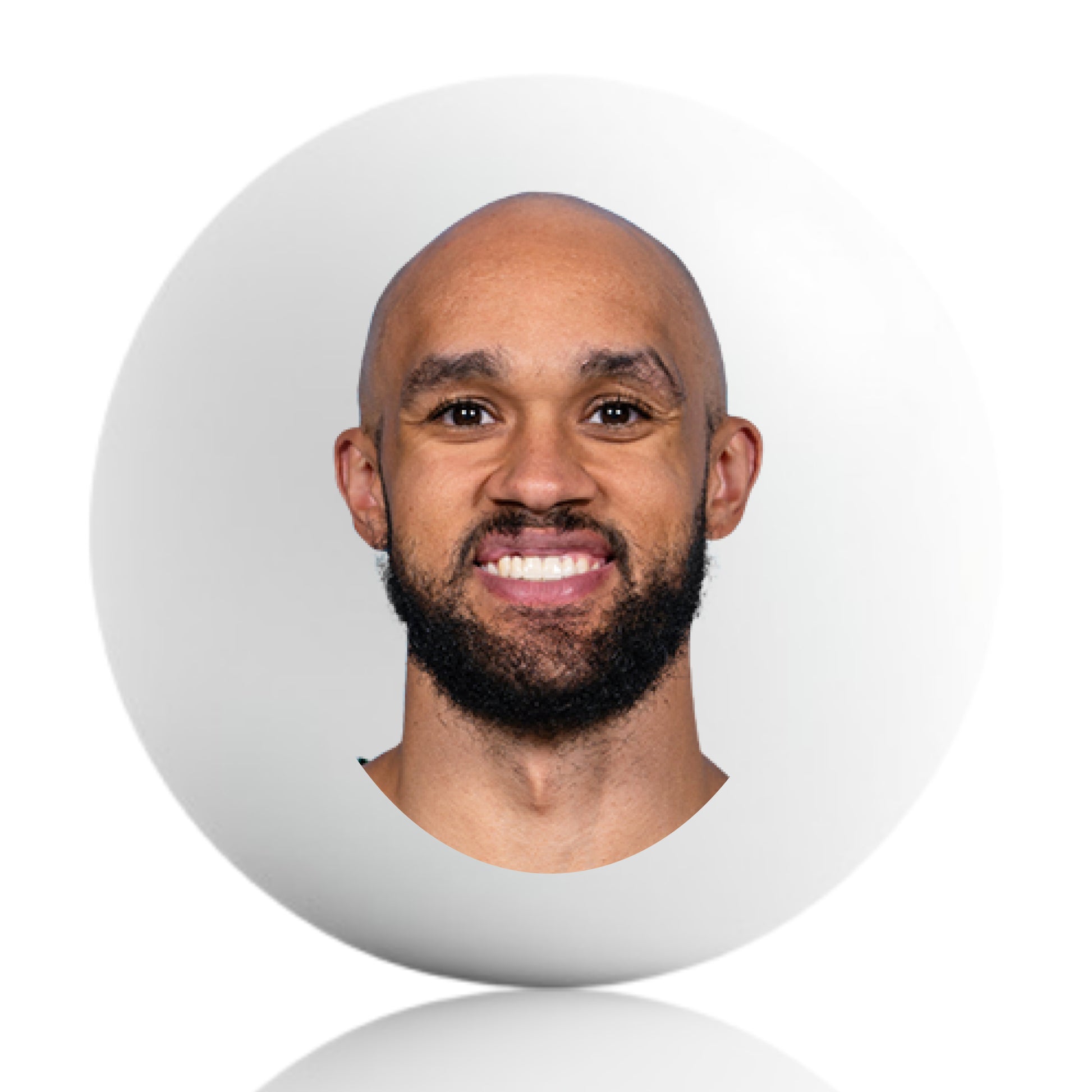 A white ping pong ball with a centered headshot of Derrick White on it