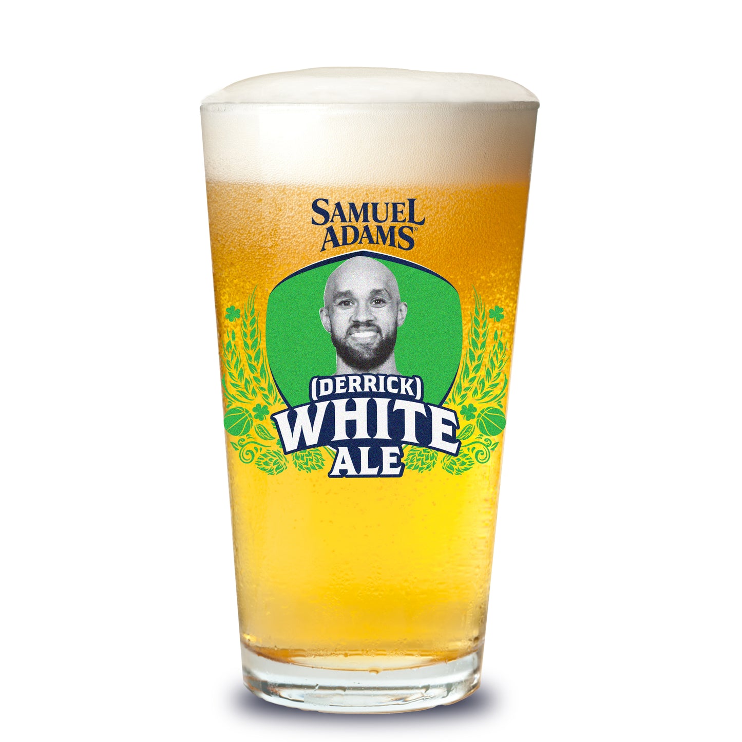 A Samuel Adams pint glass filled with golden beer, topped with a thick foam cap, featuring a bright green oval label with barley and hop illustrations; centered within the label is a black‑and‑white portrait of Derrick White, with bold white text beneath reading “(Derrick) White Ale,” and the Samuel Adams wordmark above.