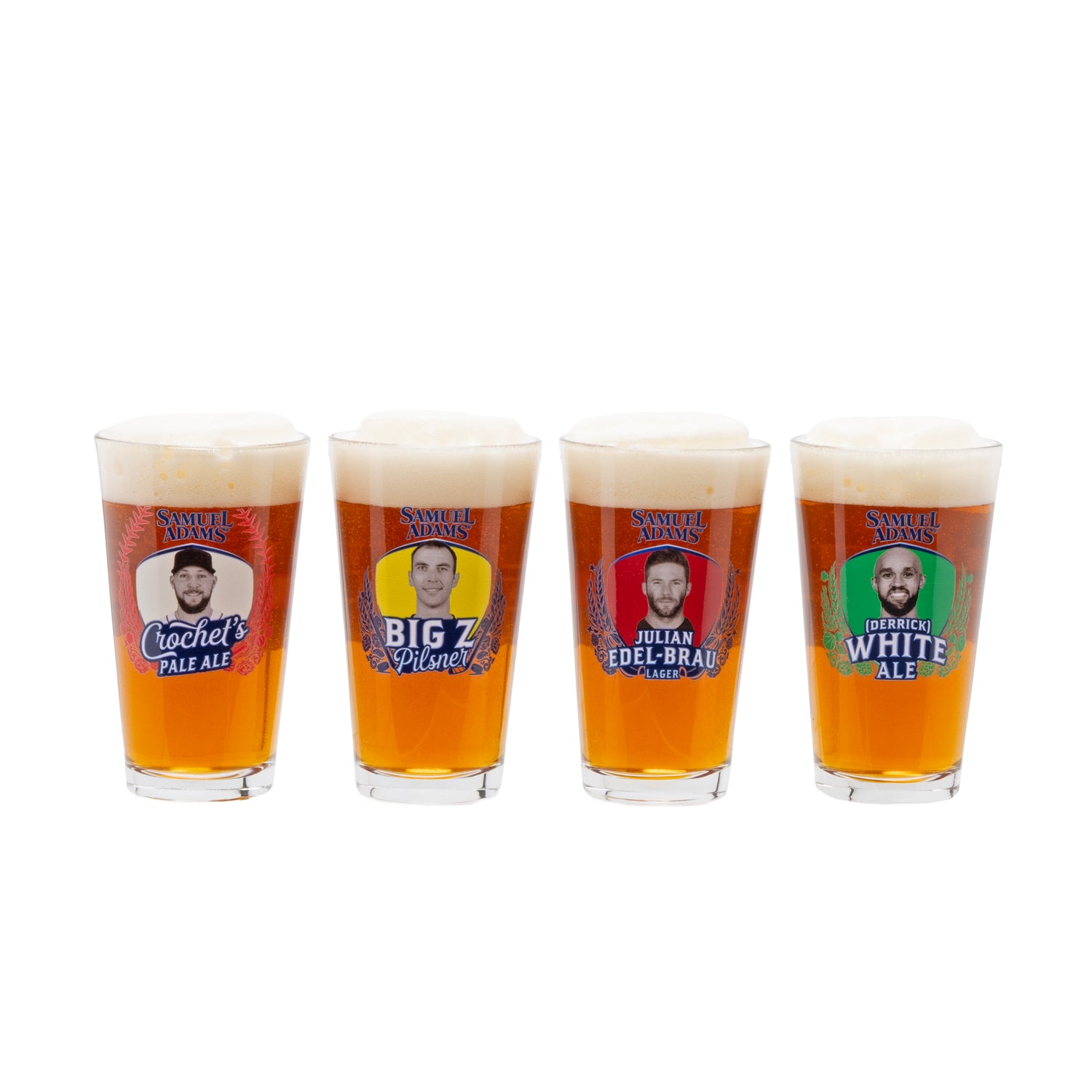 Four pints filled with beer with player headshots and Samuel Adams logo. 