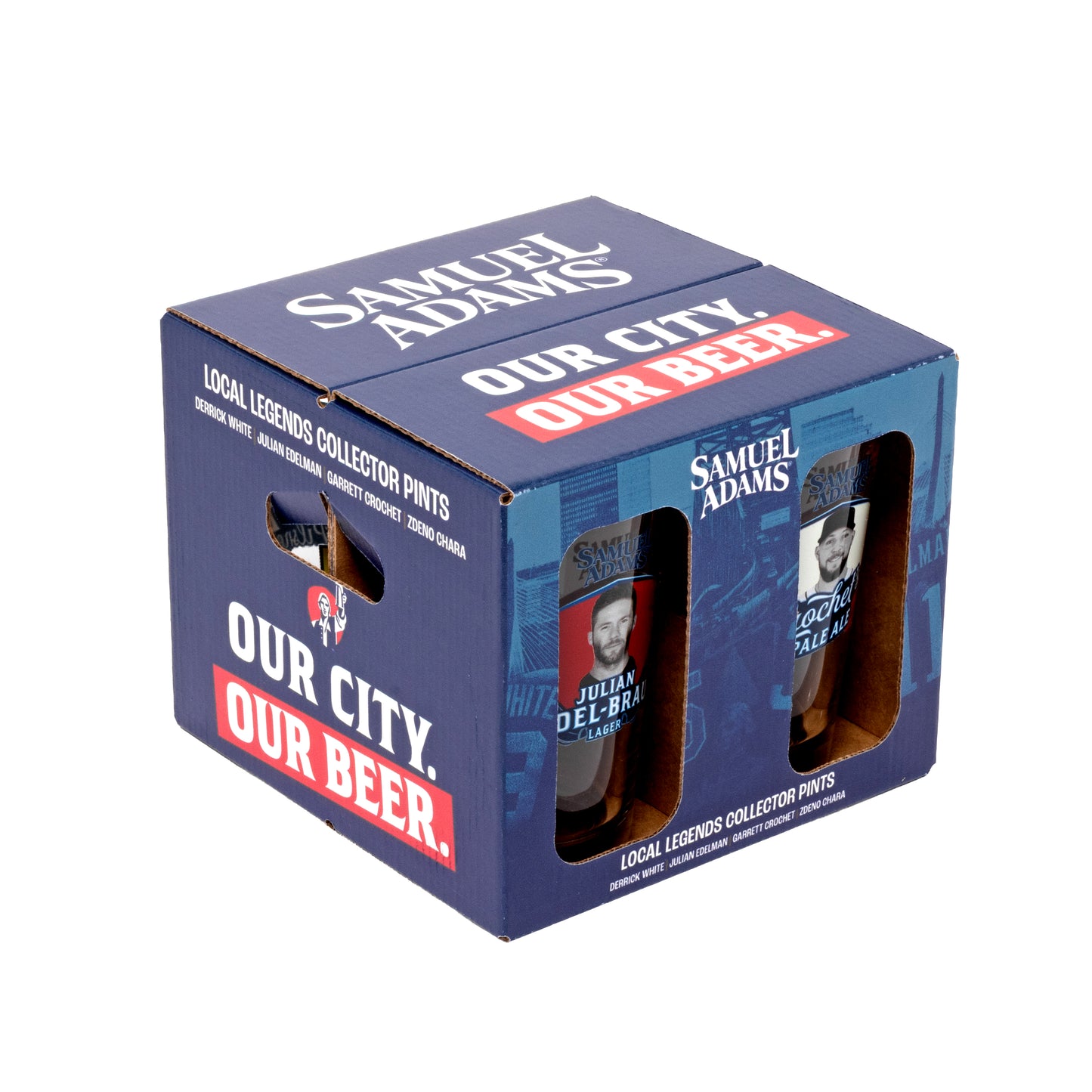Navy box with Samuel Adams logo and Or City Our Beer text. Holds four pack of pint glasses. 