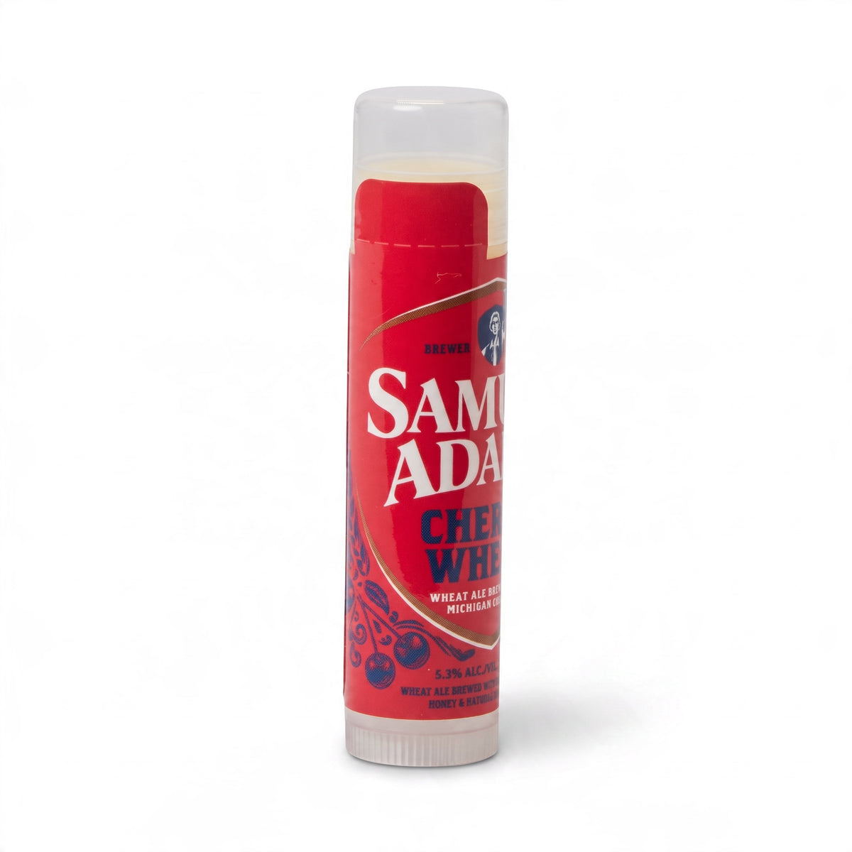 Red Lip balm on white background, with logo saying 'cherry wheat' and 'samuel adams'