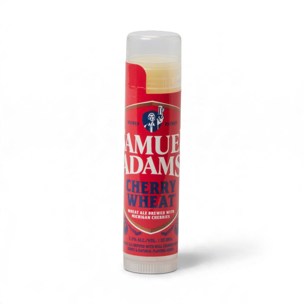 Red Lip balm on white background, with logo saying 'cherry wheat' and 'samuel adams'