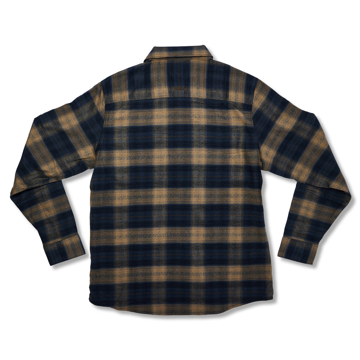 A long-sleeve plaid flannel shirt shown from the back, featuring a dark navy blue and tan checkered pattern on a white background.