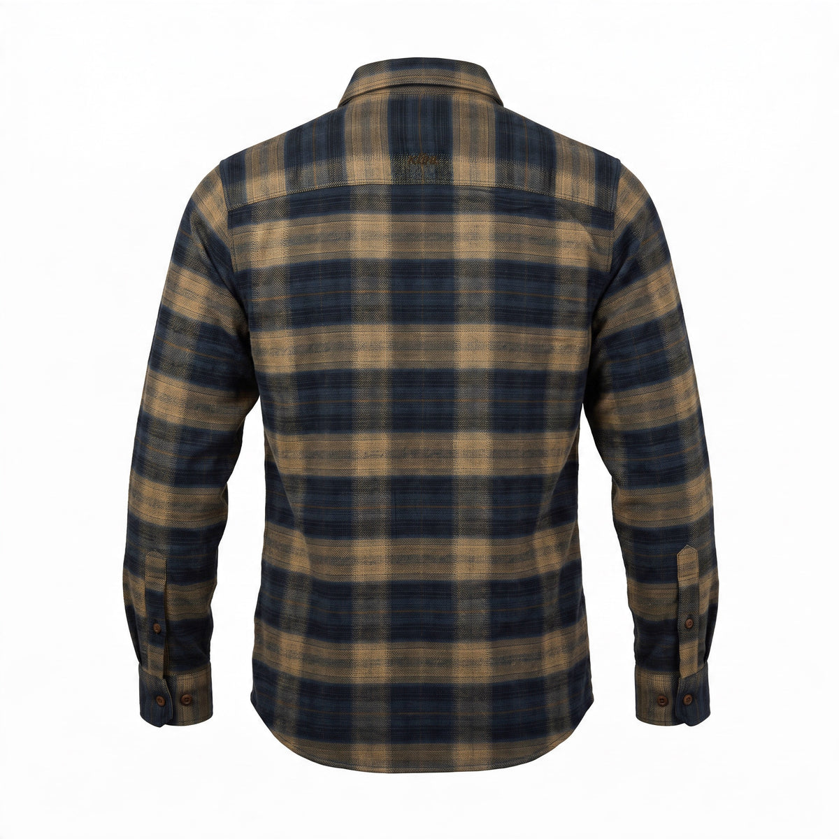 A long-sleeve plaid flannel shirt shown from the back, featuring a navy blue and tan checkered pattern on a white background.
