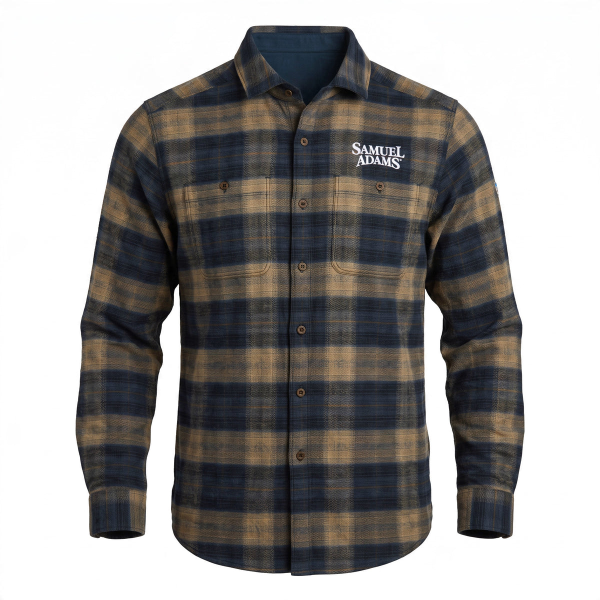 A long-sleeve plaid button-up shirt in navy blue and tan, featuring a white embroidered 'SAMUEL ADAMS' logo on the left chest, displayed on a clean white background.