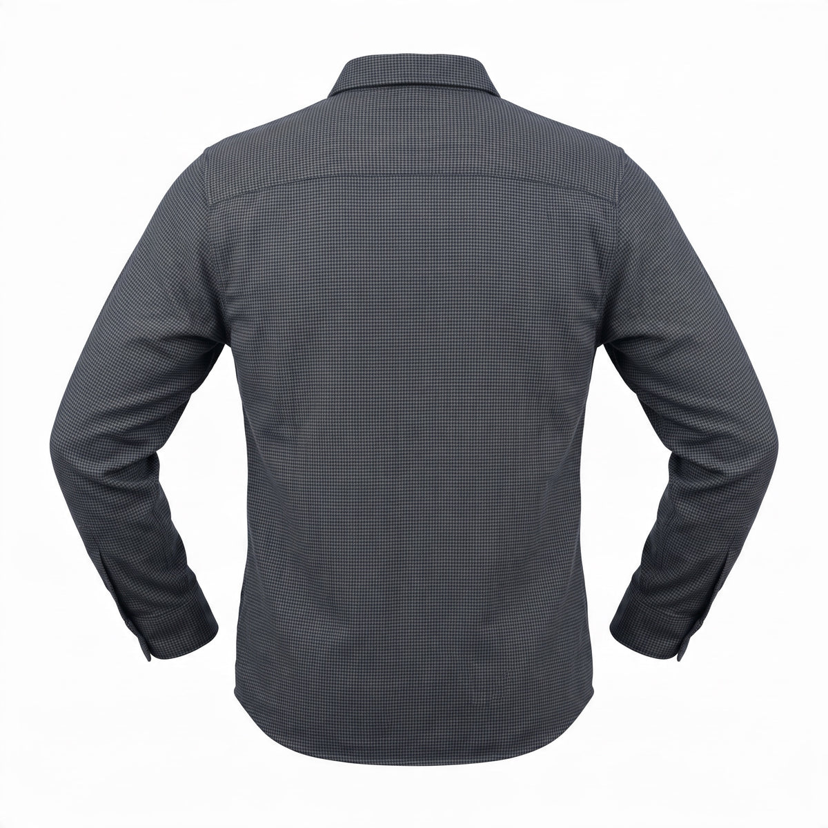A dark gray long-sleeve button-down shirt with a subtle micro-check pattern, shown from the back on a white background.