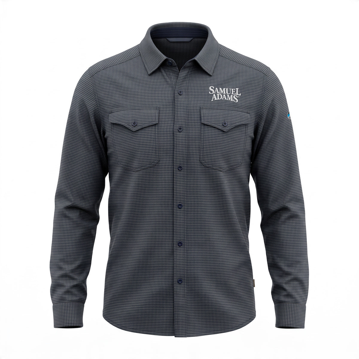 A dark gray long-sleeve button-up shirt with a subtle grid pattern, featuring two chest pockets and a white embroidered 'SAMUEL ADAMS' logo on the left chest, displayed on a clean white background.