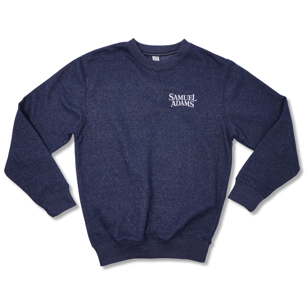 A dark navy blue heather crewneck sweatshirt with 'SAMUEL ADAMS' printed in white on the left chest, displayed flat against a white background.