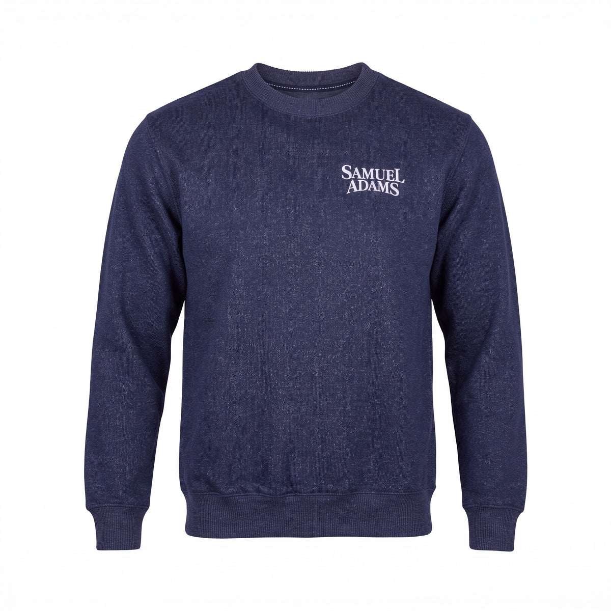A dark heather navy blue crewneck sweatshirt with 'SAMUEL ADAMS' printed in white serif text on the left chest, displayed on a clean white background.