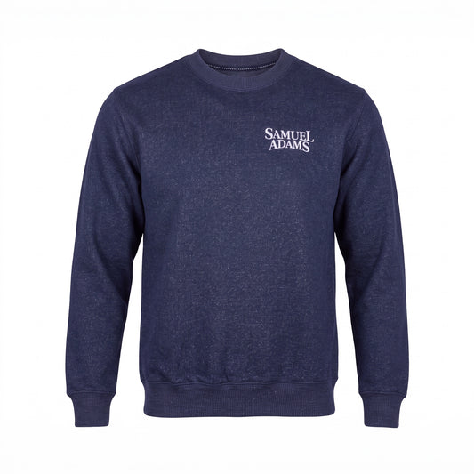 A dark heather navy blue crewneck sweatshirt with 'SAMUEL ADAMS' printed in white serif text on the left chest, displayed on a clean white background.