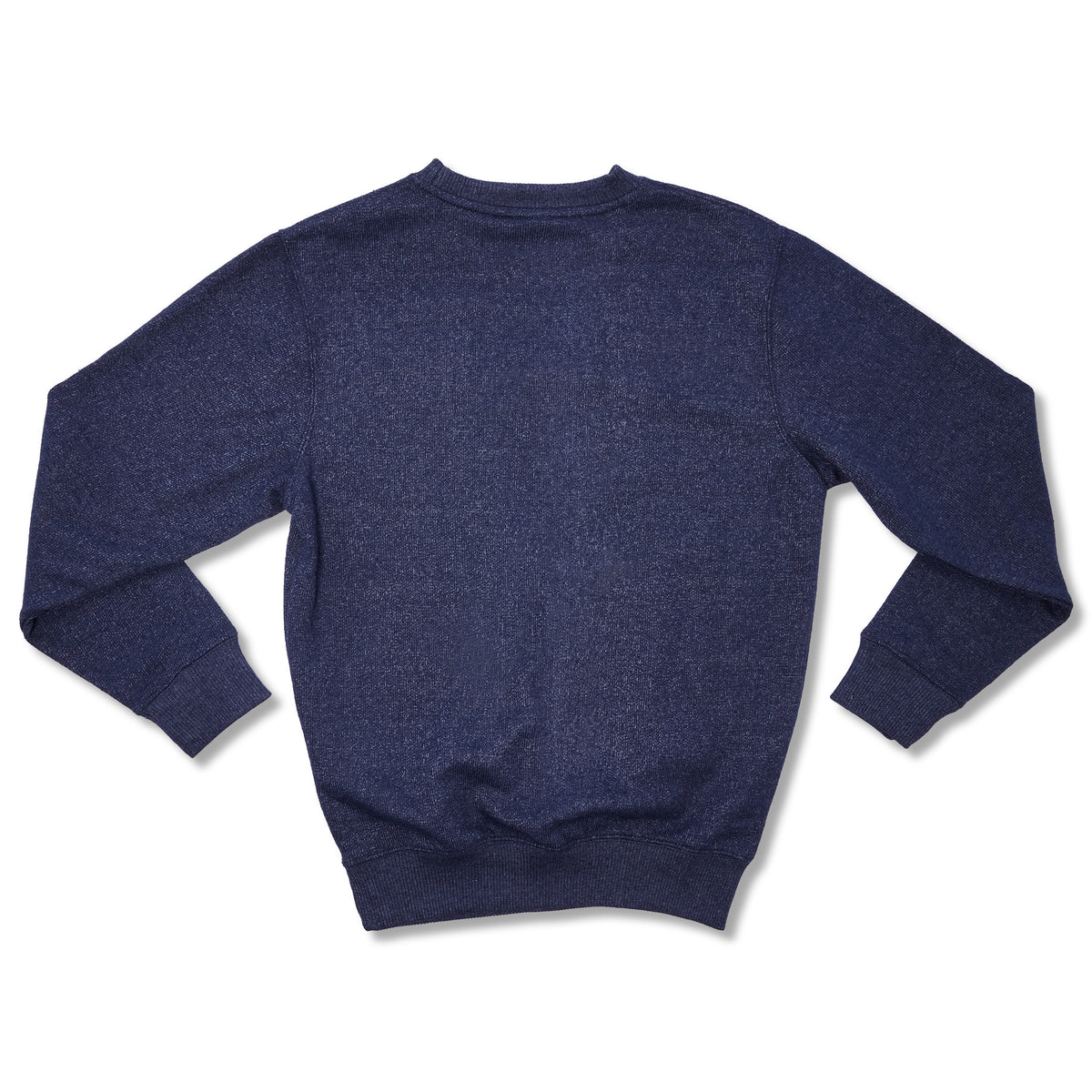 A navy blue heathered crewneck sweatshirt shown from the back, laid flat on a white background.