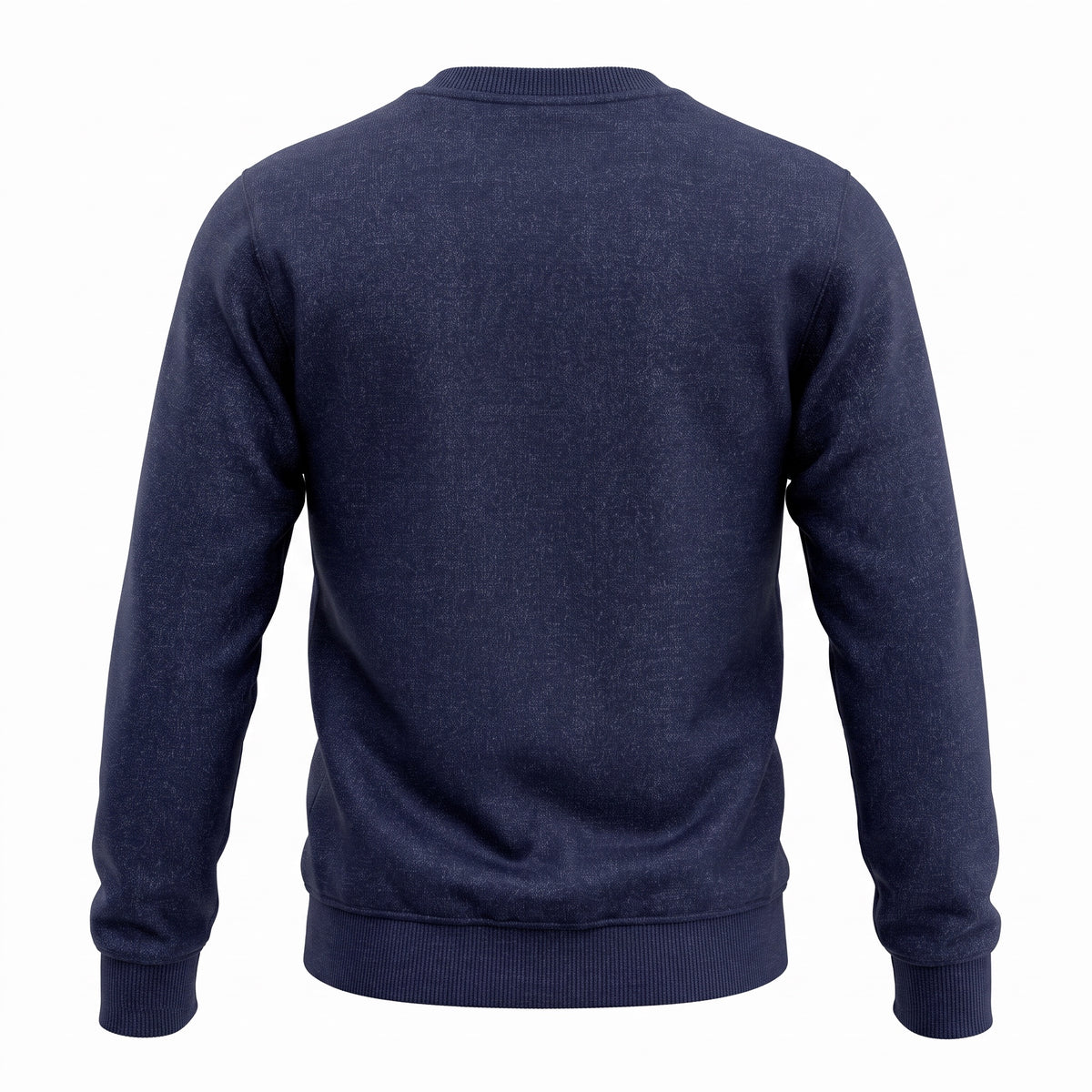 A navy blue long-sleeve crewneck sweater shown from the back, displayed on a clean white background.