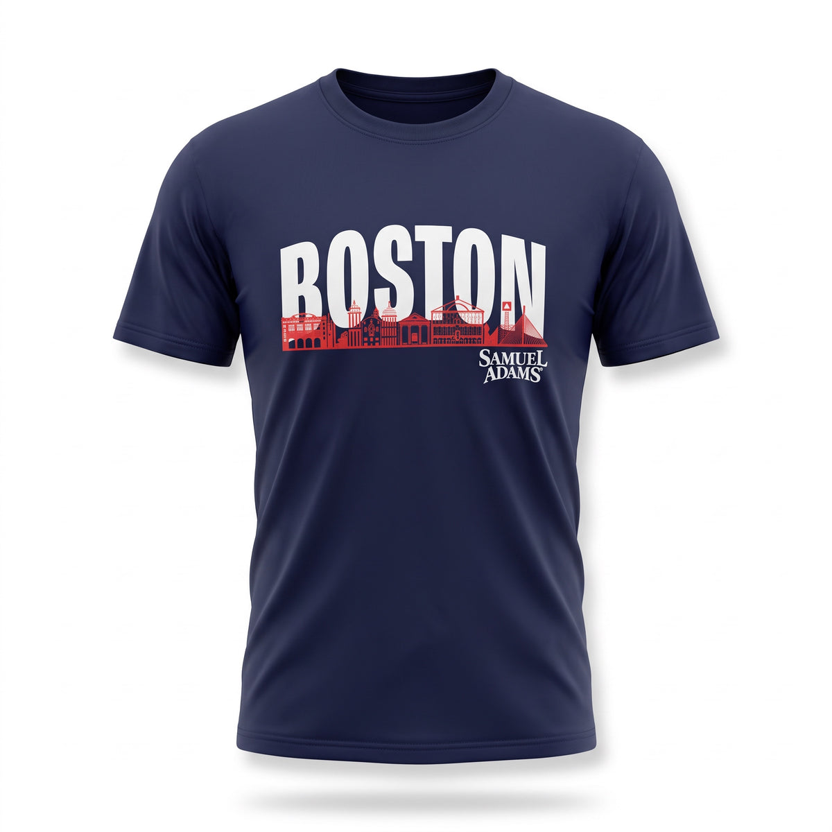 A navy blue short-sleeve t-shirt with a graphic on the chest featuring the word 'BOSTON' in large white letters over a red skyline illustration, with 'SAMUEL ADAMS' printed in white below it, shown on a plain white background.