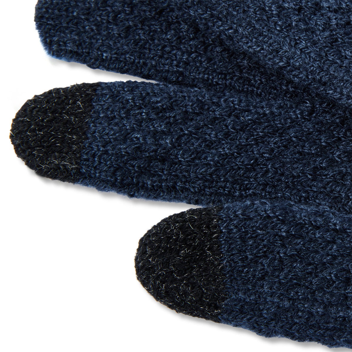 Close-up of a pair of dark navy blue knit gloves with black touch-screen fingertips, shown on a plain white background.