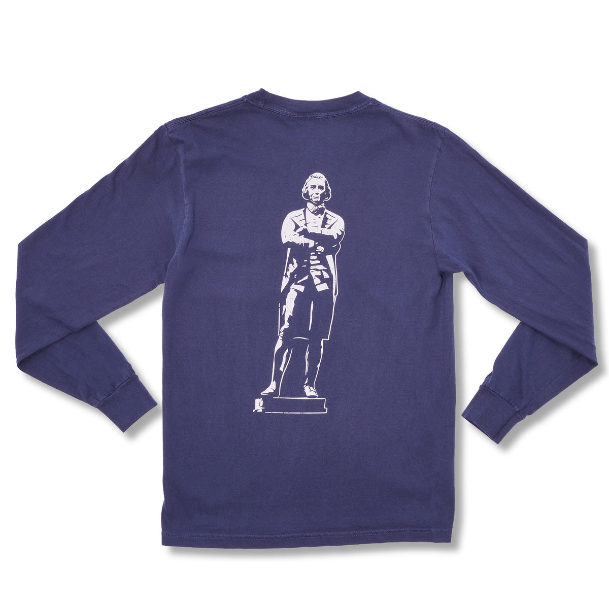 A long-sleeve t-shirt in a deep blue color, shown from the back. The back features a white graphic print of a historical statue of Samuel Adams with arms crossed.