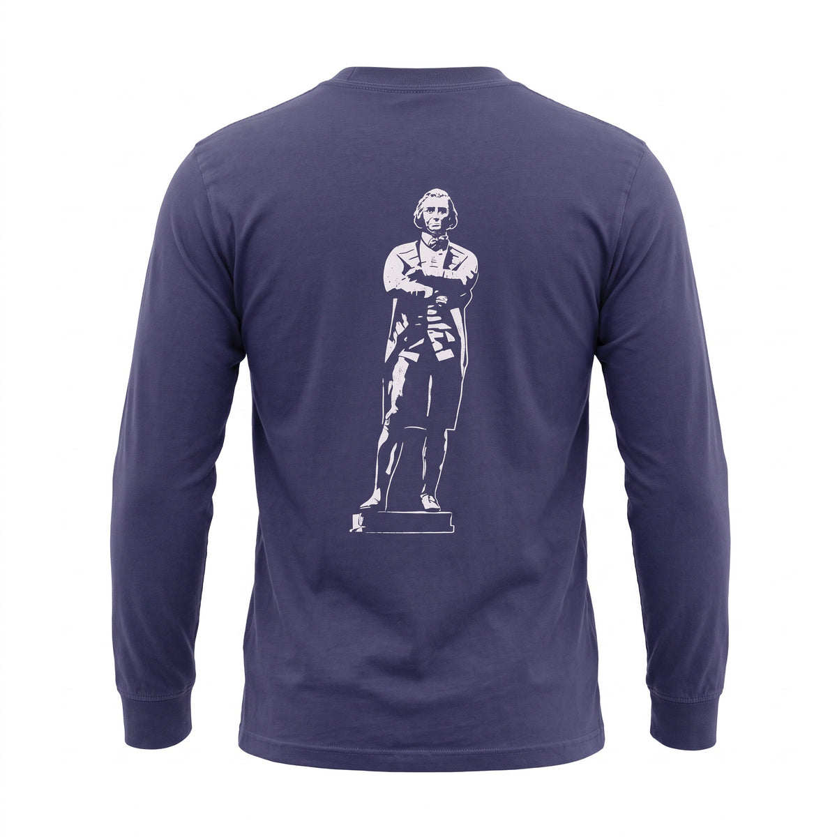A navy blue long-sleeve t-shirt shown from the back, featuring a white graphic print of a historical statue on the center back.