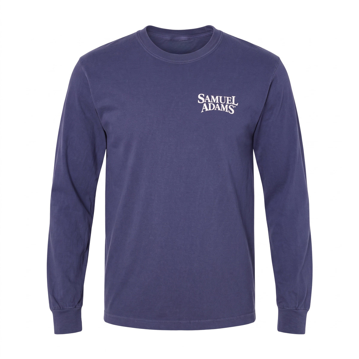 A long-sleeve crewneck t-shirt in a dark blue color, featuring the white text 'SAMUEL ADAMS' printed on the left chest, displayed on a clean white background.