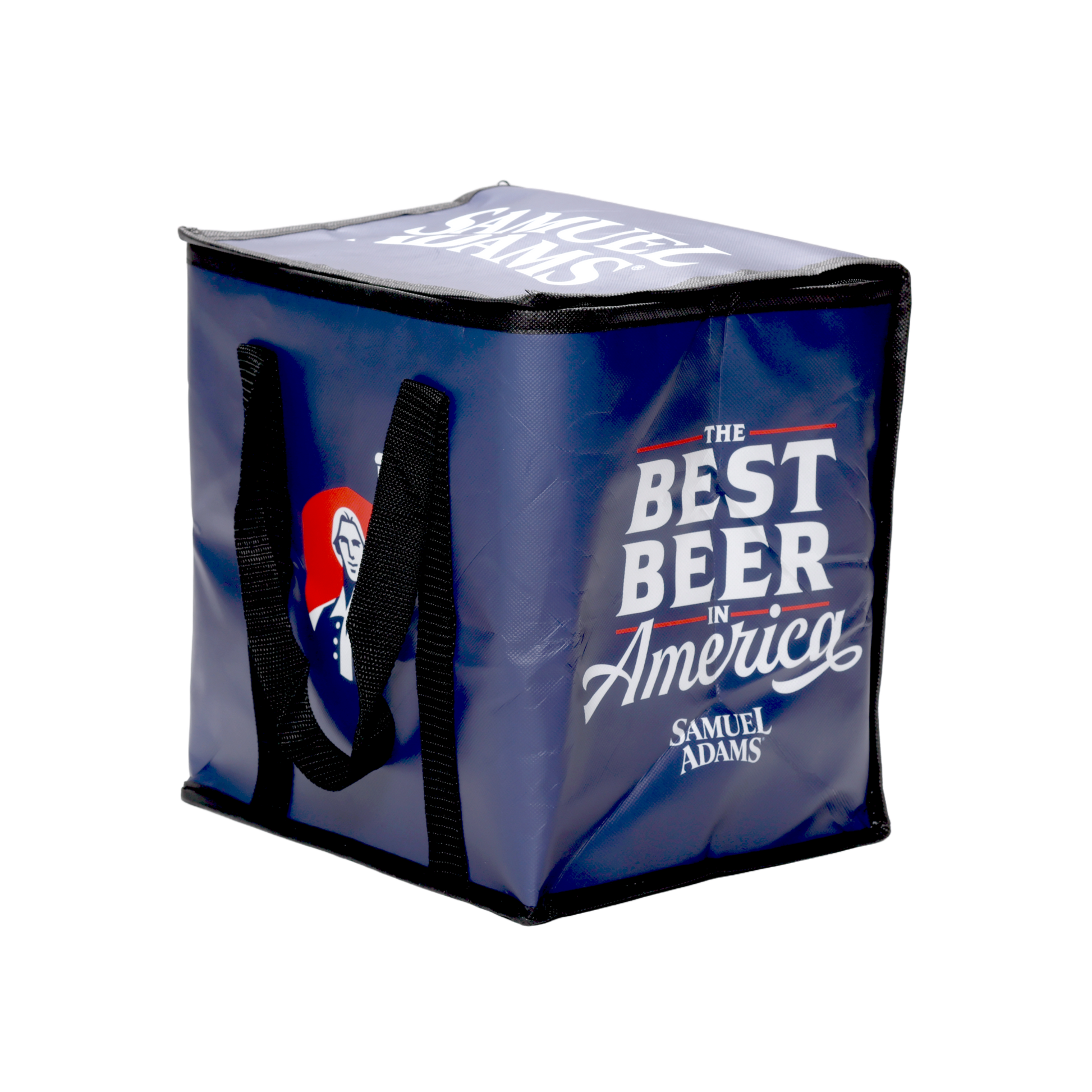 A navy Sam Adams-themed Cooler Bag. Has black handles, the Sam Adams hoist logo, and the slogan "the best beer in America".