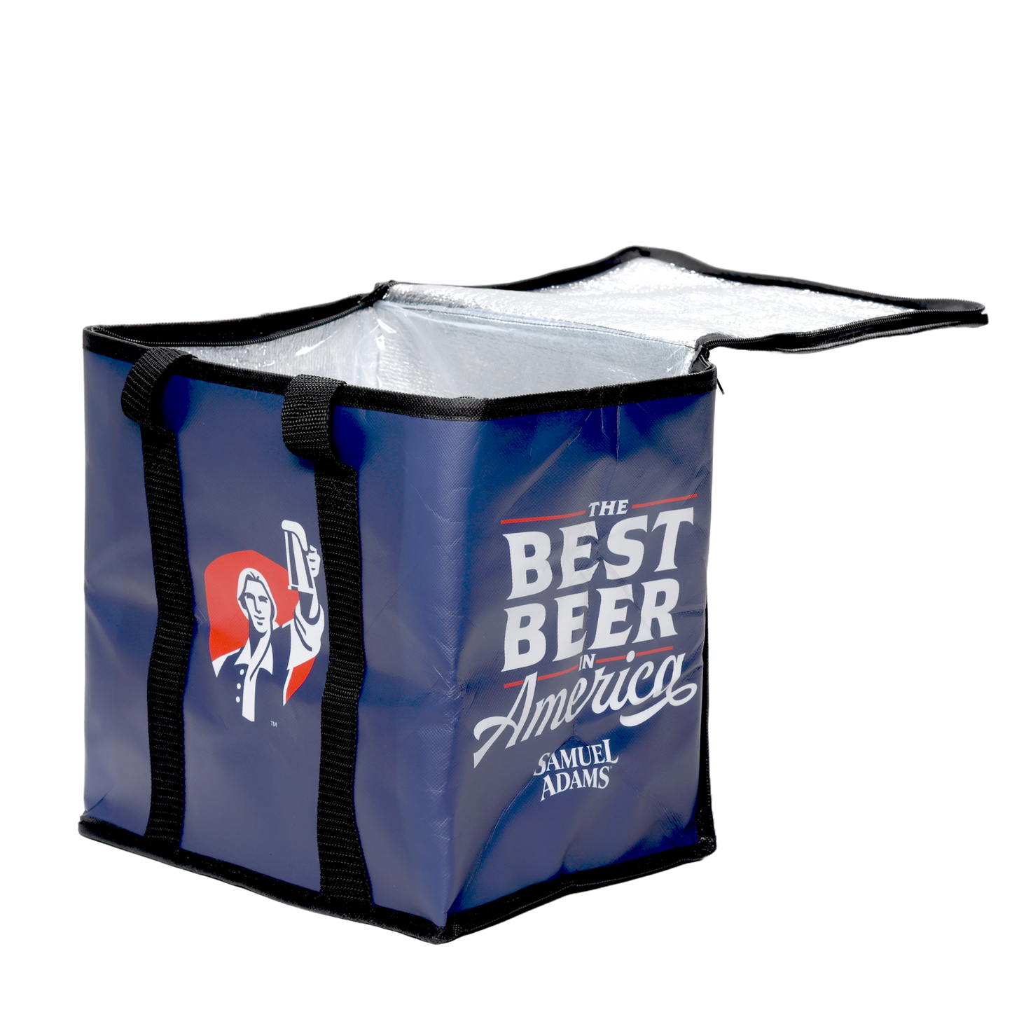 A navy Sam Adams-themed Cooler Bag. Has black handles, the Sam Adams hoist logo, and the slogan "the best beer in America".