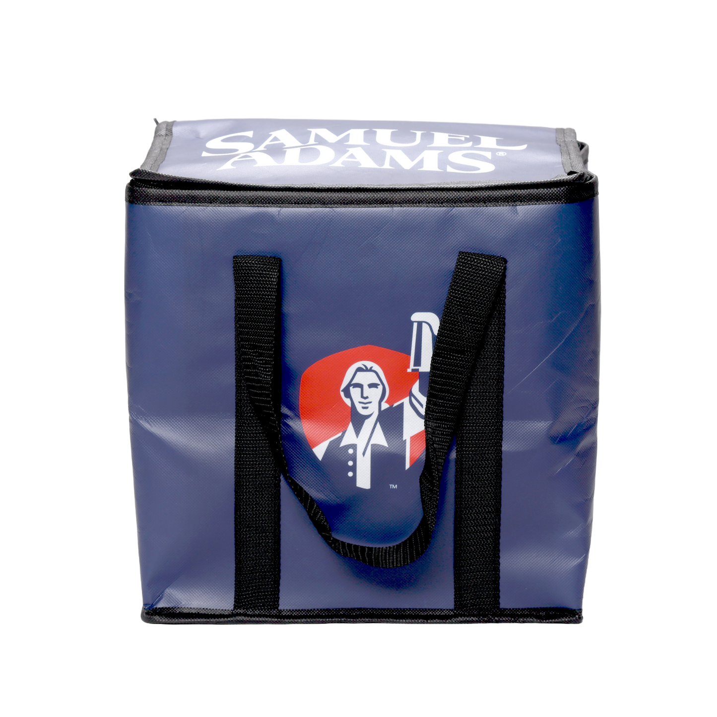 A navy Sam Adams-themed Cooler Bag. Has black handles, the Sam Adams hoist logo, and the slogan "the best beer in America".