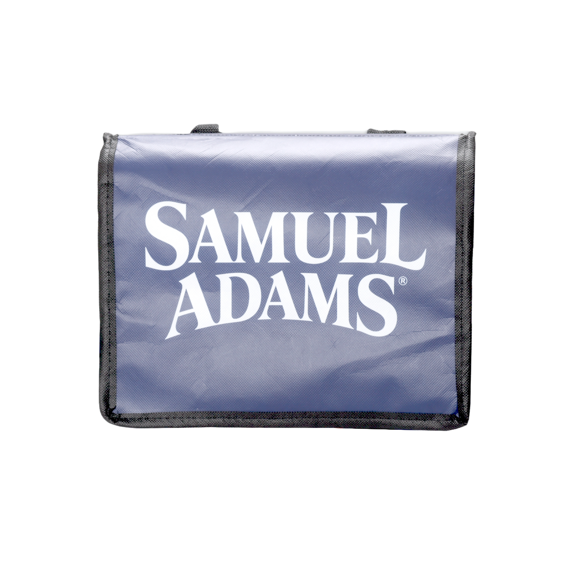 A navy Sam Adams-themed Cooler Bag. Has black handles, the Sam Adams hoist logo, and the slogan "the best beer in America".