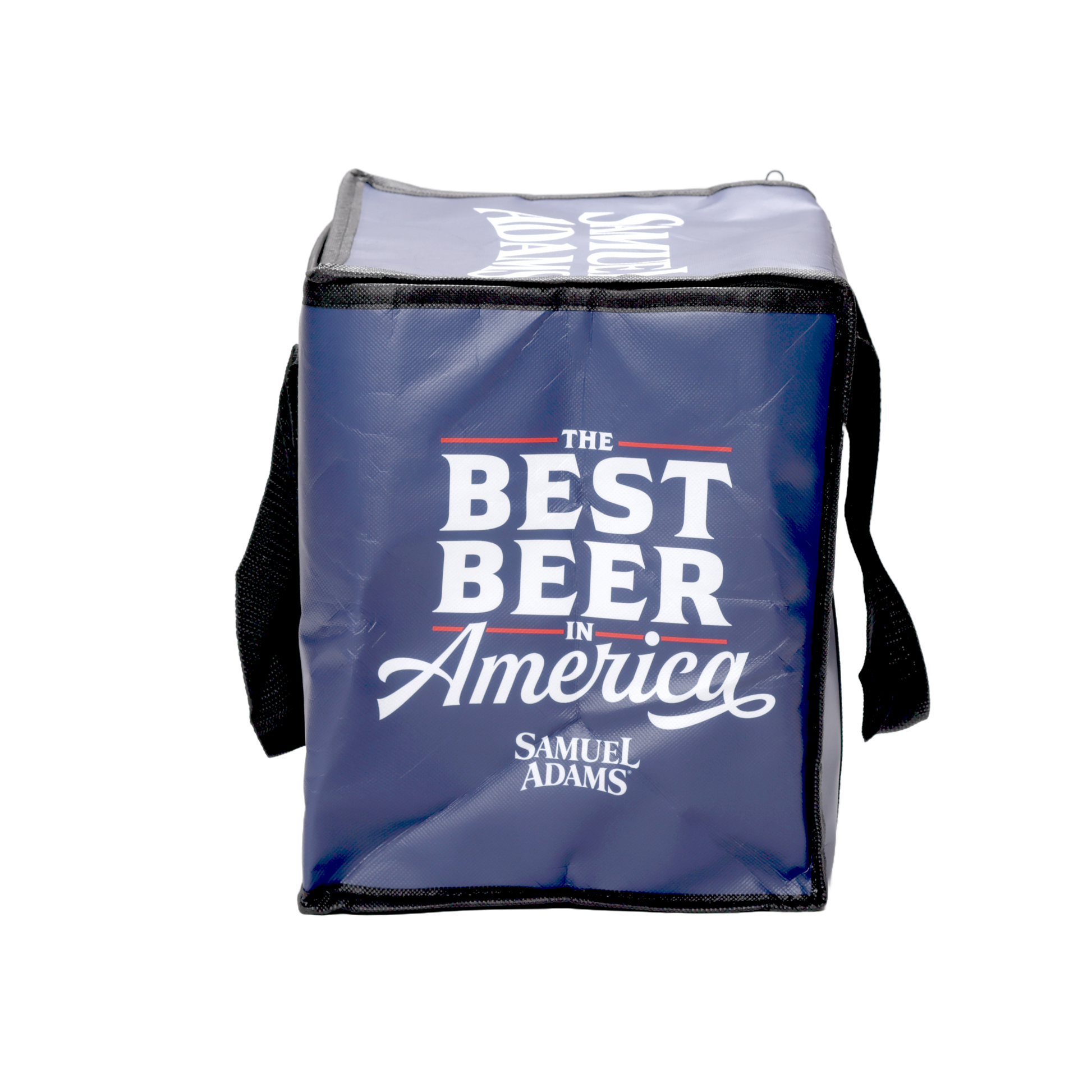 A navy Sam Adams-themed Cooler Bag. Has black handles, the Sam Adams hoist logo, and the slogan "the best beer in America".