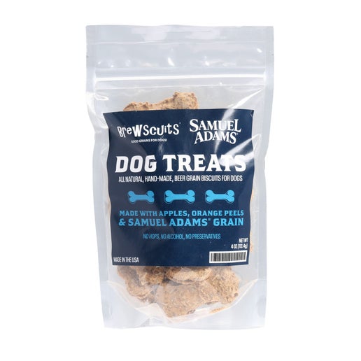 Sam Adams Dog Treat Brewscuits 4oz. Made with Apples, Orange peels & Samuel Adams grain. No hops, no alcohol, no preservatives 