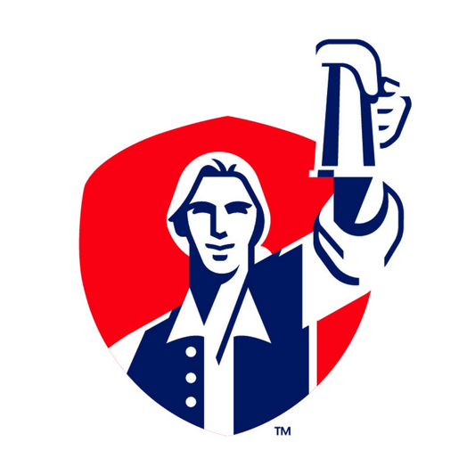 Samuel Adams logo with man holding beer glass on a red background