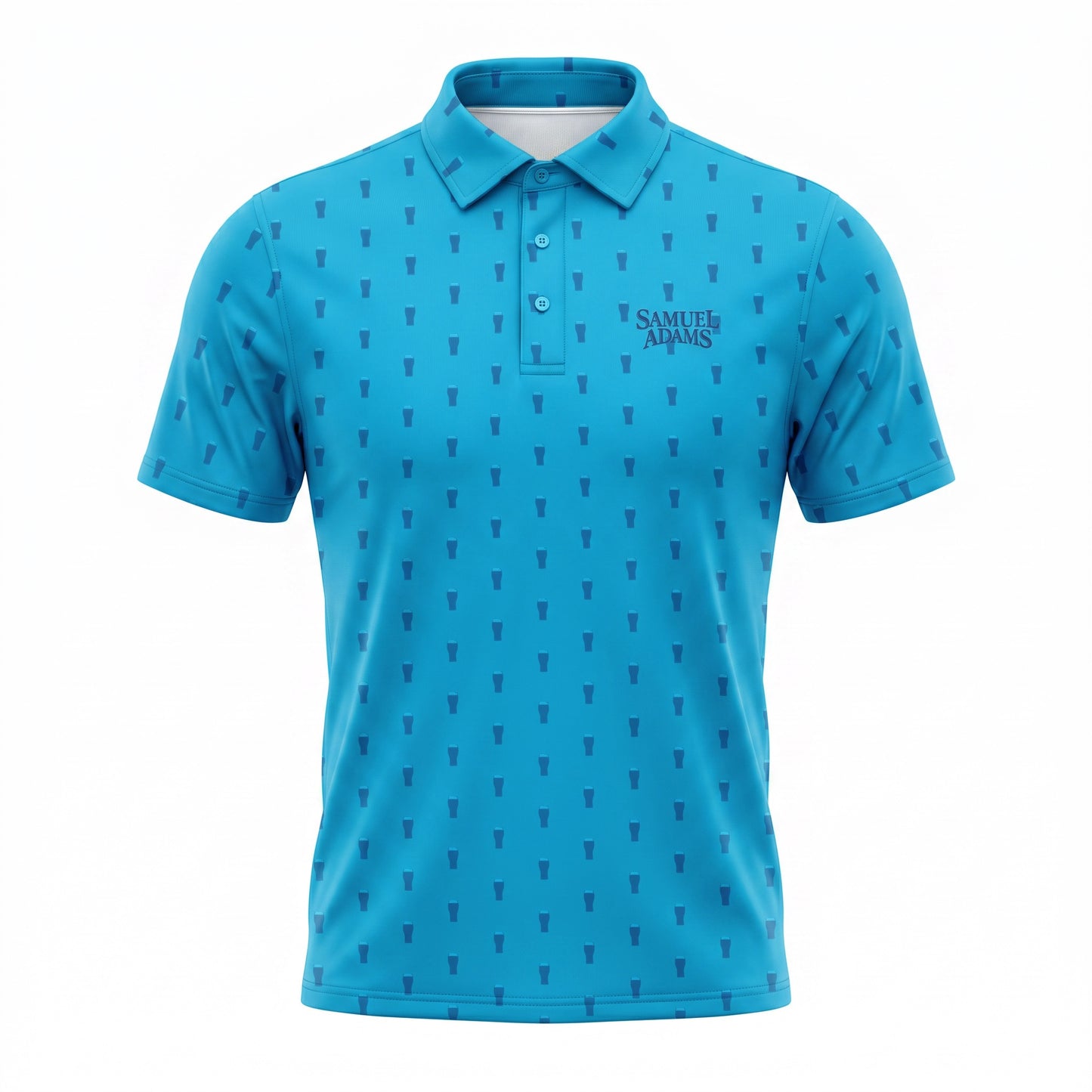 A bright blue short-sleeve polo shirt with a repeating dark blue vertical stripe pattern and a dark blue 'SAMUEL ADAMS' logo on the left chest, displayed on a clean white background.