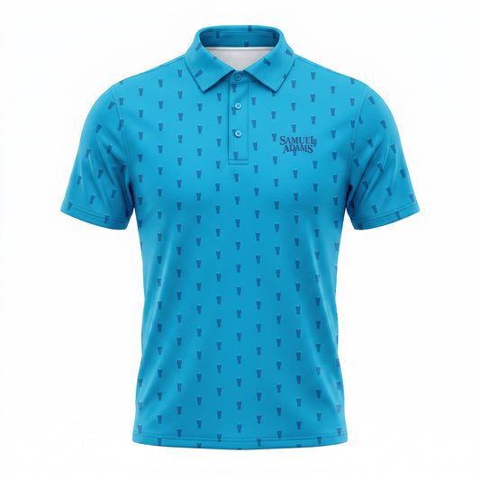 A bright blue short-sleeve polo shirt with a repeating dark blue vertical stripe pattern and a dark blue 'SAMUEL ADAMS' logo on the left chest, displayed on a clean white background.