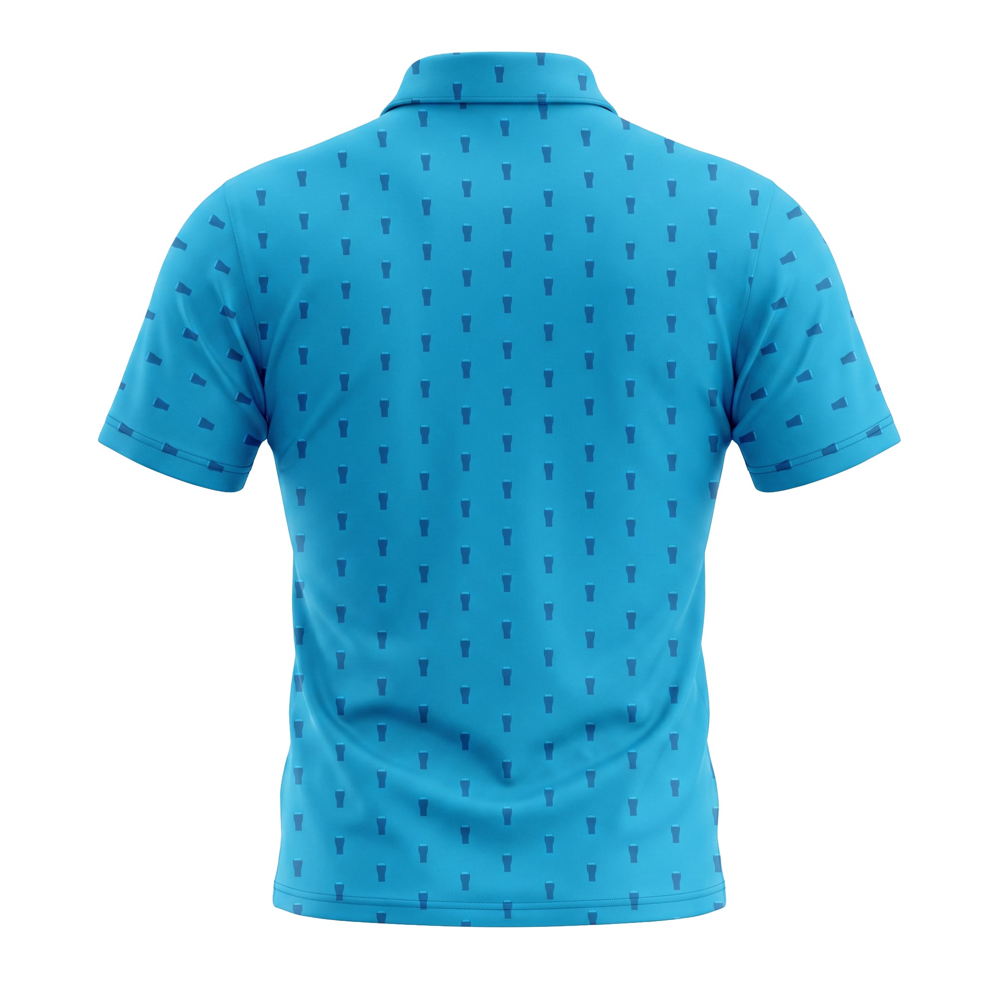 A short-sleeve polo shirt shown from the back, featuring a bright turquoise blue base with a repeating dark blue geometric pattern.