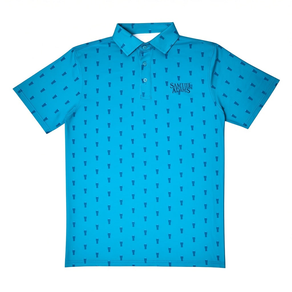 A bright blue short-sleeve polo shirt with a repeating dark blue pattern of small vertical bars and a visible 'SAMUEL ADAMS' logo on the left chest, displayed flat against a solid white background.