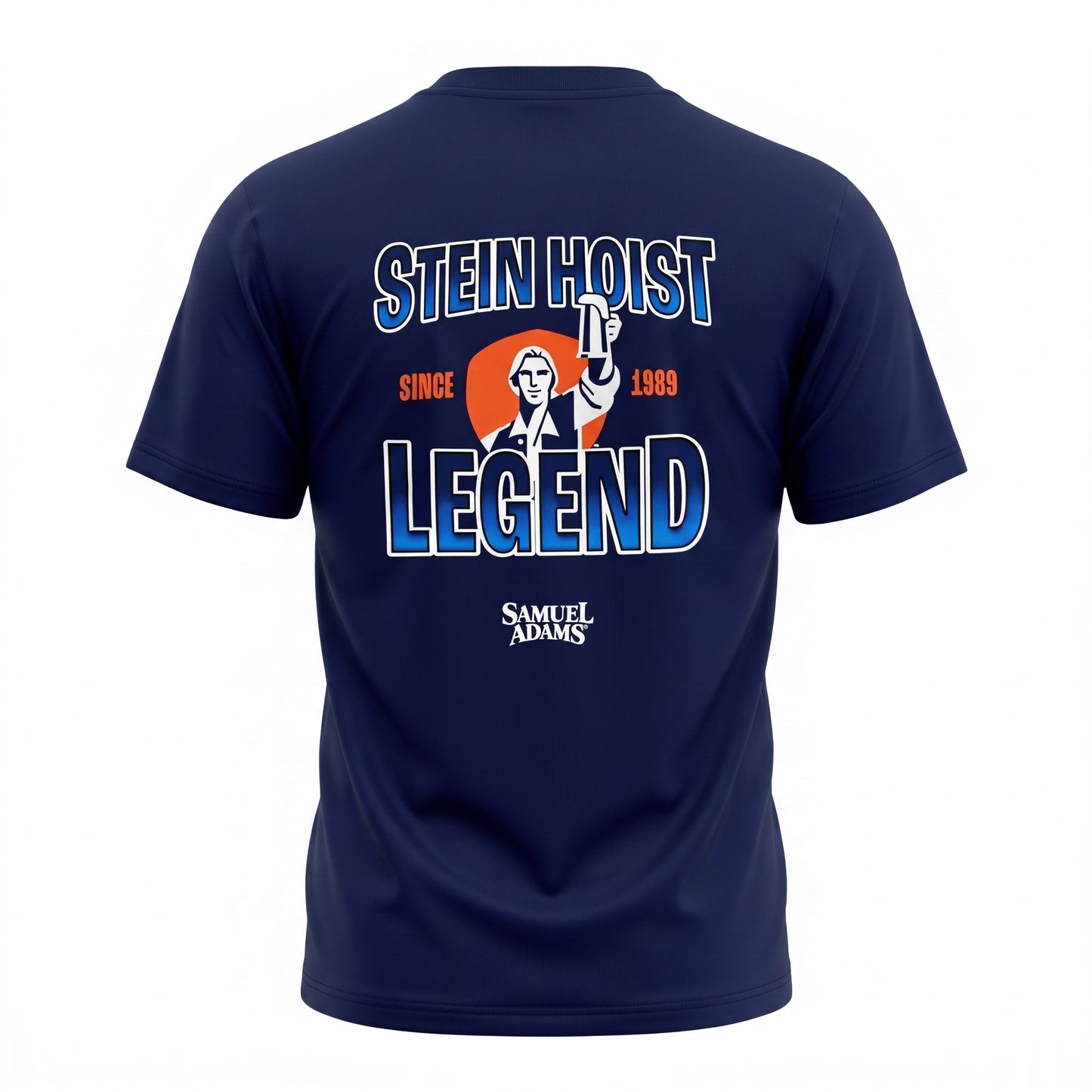 A navy blue short-sleeve t-shirt shown from the back, featuring a graphic print of a man in a suit holding up a finger, with the text 'STEIN HOIST LEGEND', 'SINCE 1969', and 'SAMUEL ADAMS'.