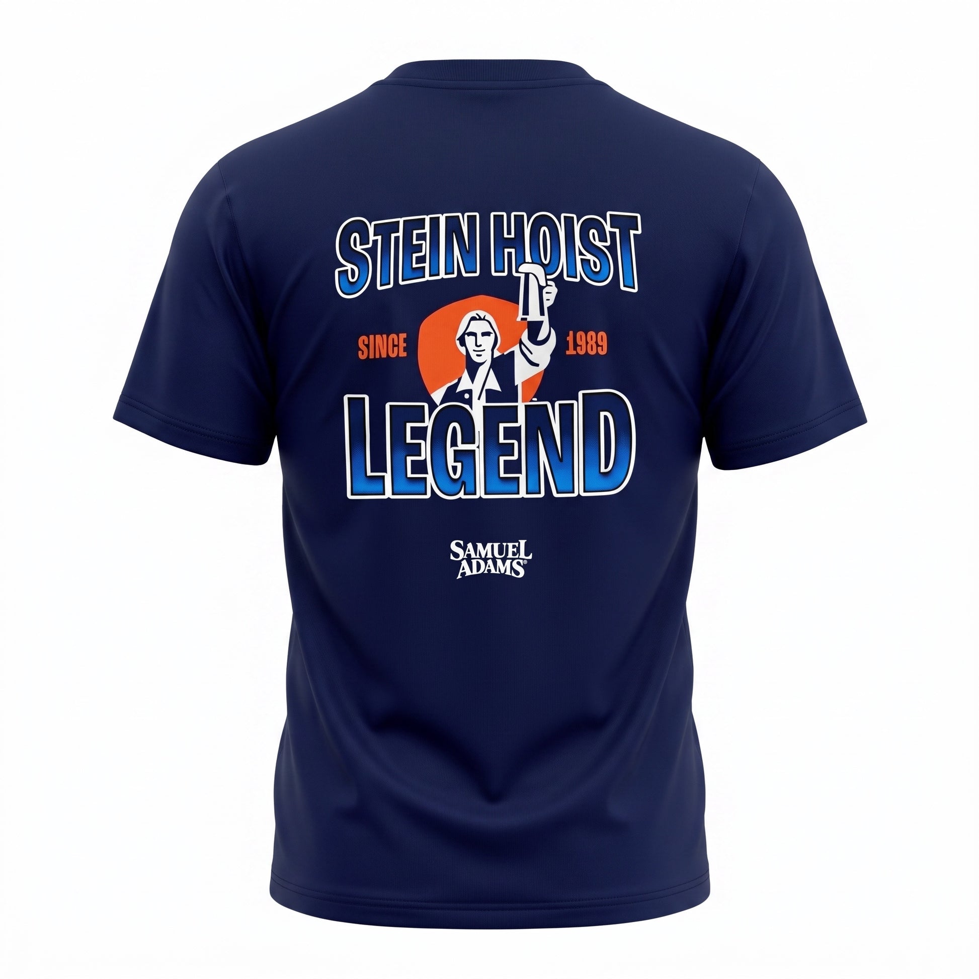 A navy blue short-sleeve t-shirt shown from the back, featuring a graphic print of a man in a suit holding up a finger, with the text 'STEIN HOIST LEGEND', 'SINCE 1969', and 'SAMUEL ADAMS'.