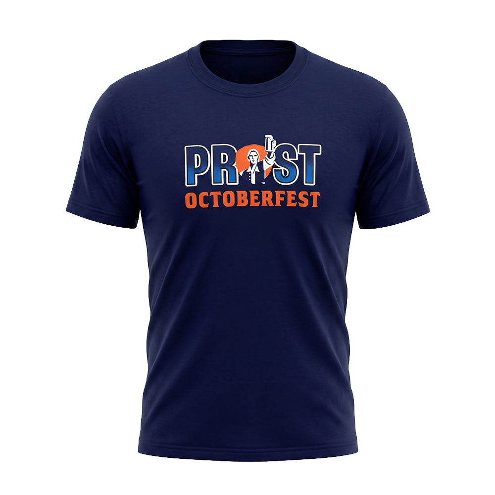 A navy blue short-sleeve t-shirt with a graphic on the chest reading 'PROST OCTOBERFEST' in white, blue, and orange, displayed on a clean white background.