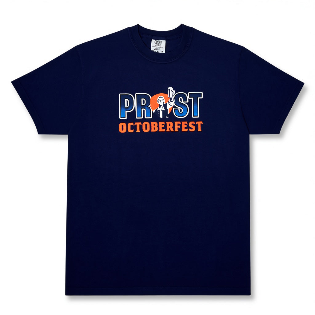 A navy blue short-sleeve t-shirt with a graphic on the chest reading 'PROST OCTOBERFEST' in blue, white, and orange, displayed on a clean white background.
